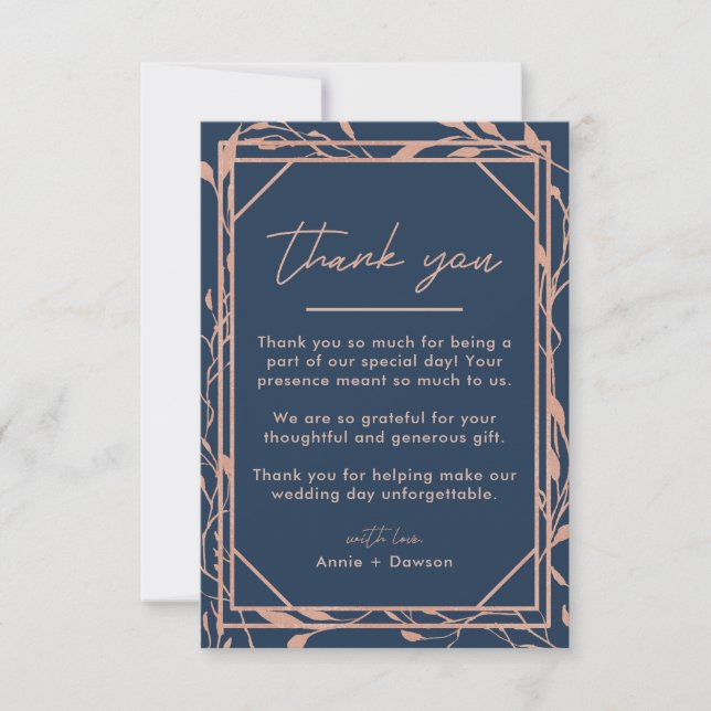 Carte De Remerciements Elégant Rose Gold & Navy Blue Floral Mariage (Devant)