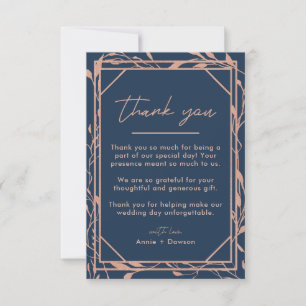 Carte De Remerciements Elégant Rose Gold & Navy Blue Floral Mariage