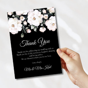 Carte De Remerciements Élégant Rose noir blanc Mariage floral