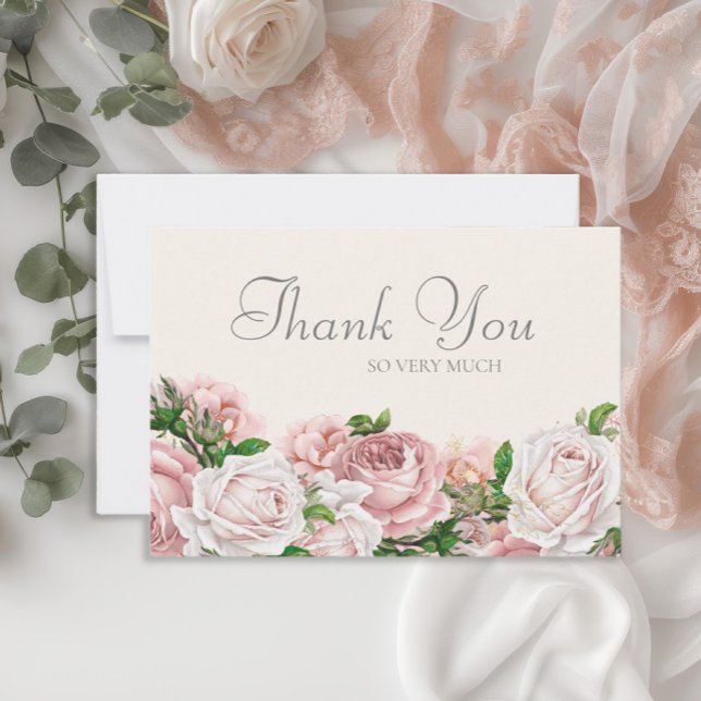 Carte De Remerciements Élégant rose rose rose rose rose Roses Crème Maria (Elegant pink vintage roses wedding Thank You card)