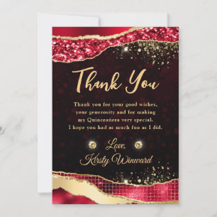 Carte De Remerciements Élégant Rouge et Or Paillettes Glam Larmes Quincea