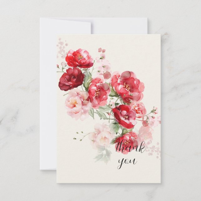 Carte De Remerciements Élégant rouge floral simple Mariage crème (Devant)