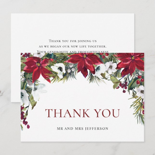 Carte De Remerciements Élégant Rouge Poinsettia Mariage de Noël hiver (Devant / Derrière)