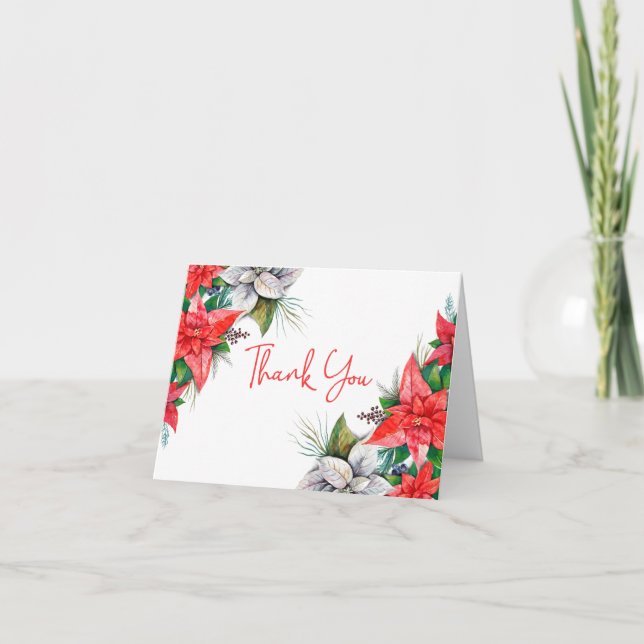 Carte De Remerciements Élégant Rouge Poinsettia Verdure Noël Plié (Devant)