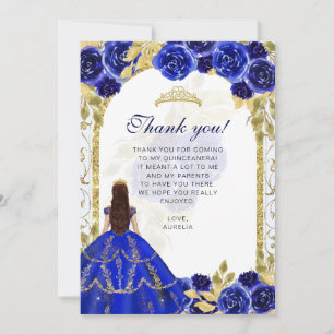 Carte De Remerciements Elégant Royal Blue Floral Photo Quinceañera
