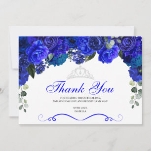 Carte De Remerciements Elégant Royal Blue Silver Floral Quinceanera