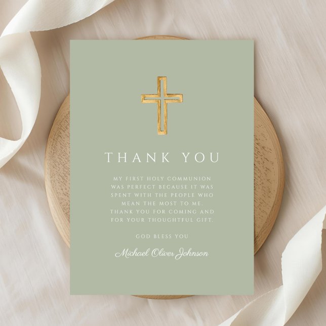Carte De Remerciements Elégant Sage Green Croix religieuse Première commu (Elegant Sage Green Religious Cross First Communion Thank You Card)