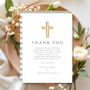Carte De Remerciements Élégant Sage Green Cross Baptême