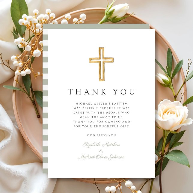 Carte De Remerciements Élégant Sage Green Cross Baptême (Elegant Sage Green Cross Baptism Thank You Card)