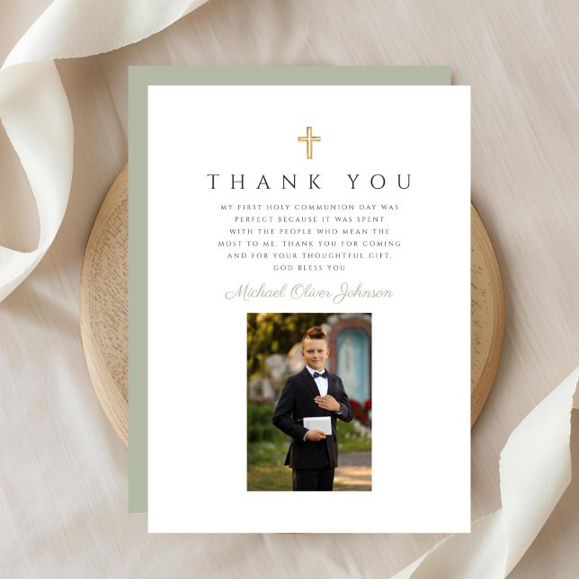 Carte De Remerciements Elégant Sage Green Photo Boy First Communion (Elegant Sage Green Photo Boy First Communion Thank You Card)
