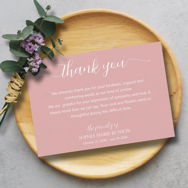 Carte De Remerciements Élégant scénario funéraire (Elegant script pink funeral thank you cards)