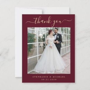 Carte De Remerciements Élégant Script 2 Mariage photo Bourgogne Or