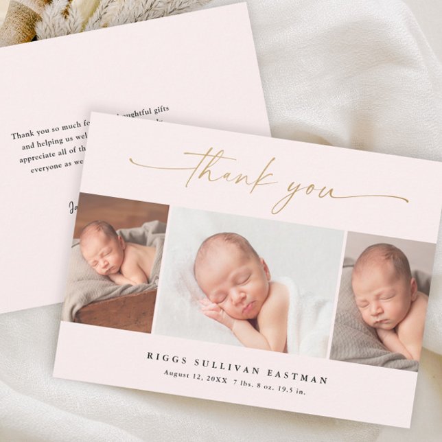 Carte De Remerciements Élégant Script 3 Photo Collage Baby (Elegant blush pink and gold script 3 photo birth announcement baby thank you card.)