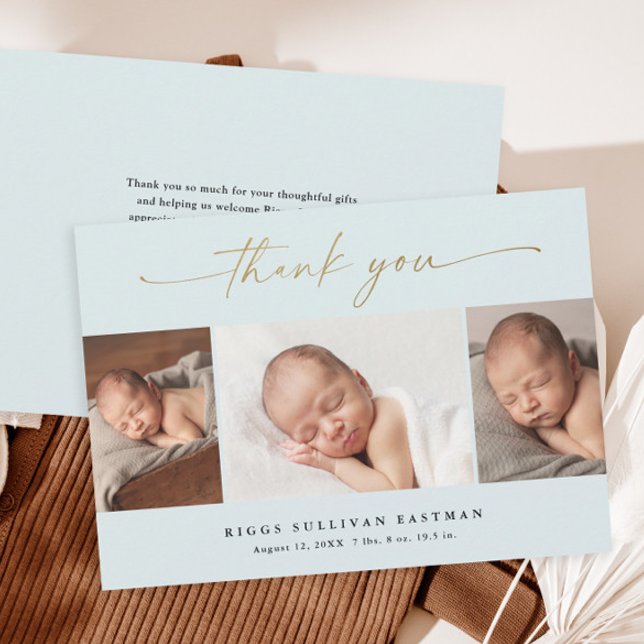 Carte De Remerciements Élégant Script 3 Photo Collage Baby (Elegant gold script calligraphy 3 photo collage baby thank you card.)