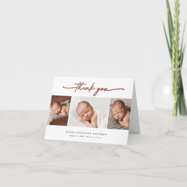 Carte De Remerciements Élégant Script 3 Photo Collage Baby (Devant)