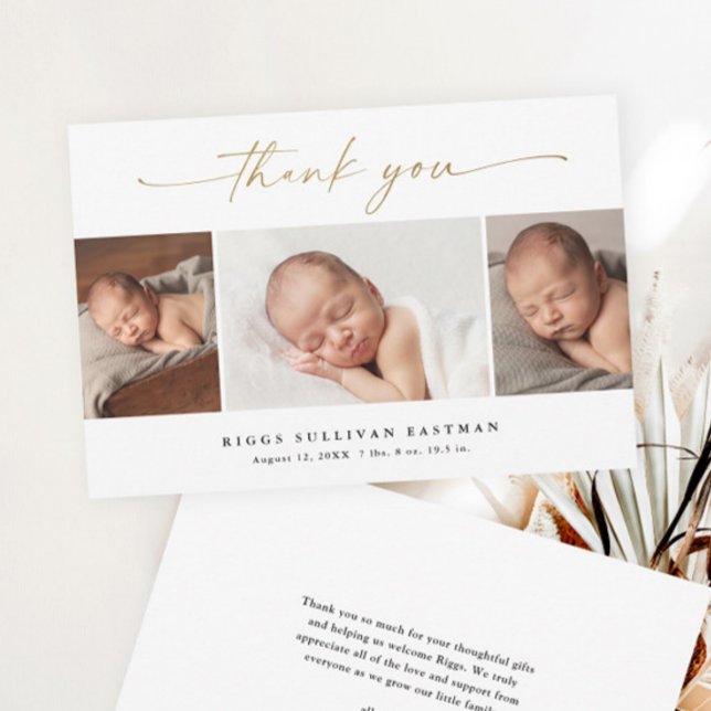 Carte De Remerciements Élégant Script 3 Photo Collage Bébé (Elegant gold script calligraphy 3 photo collage baby thank you card.)