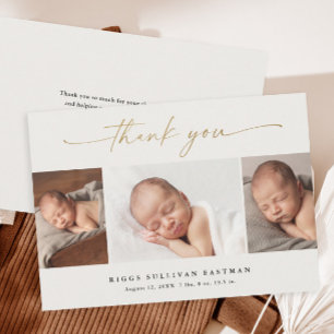 Carte De Remerciements Élégant Script 3 Photo Collage Bébé