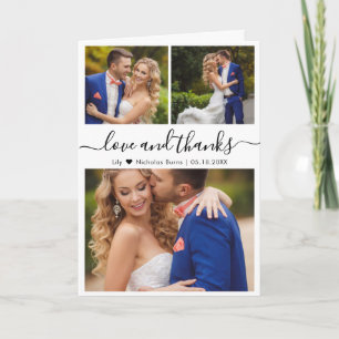 Carte De Remerciements Élégant Script 3 Photo Collage Coeur Mariage