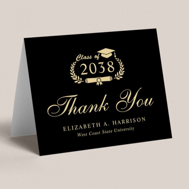 Carte De Remerciements Élégant Script Black Gold Graduation (An elegant photo graduation thank you card to show gratitude to friends and family for their support)
