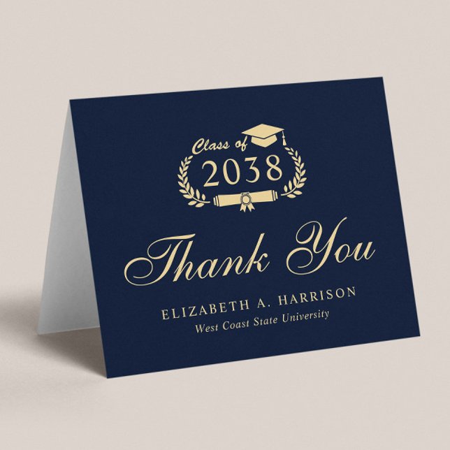 Carte De Remerciements Élégant Script Blue Gold Graduation (An elegant photo graduation thank you card to show gratitude to friends and family for their support)