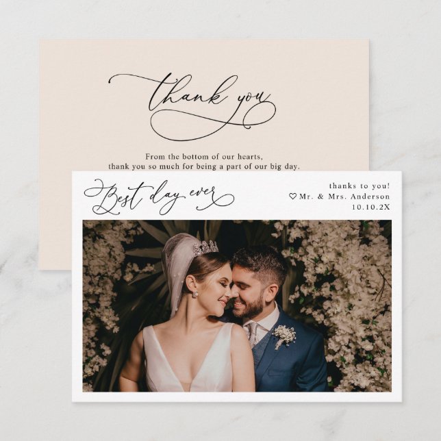 Carte De Remerciements Élégant Script Boho Neutral Blush Mariage Photo (Devant / Derrière)