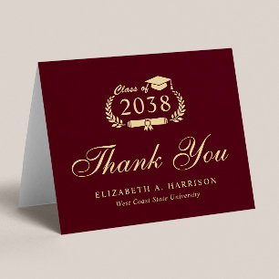 Carte De Remerciements Élégant Script Bourgogne Gold Graduation