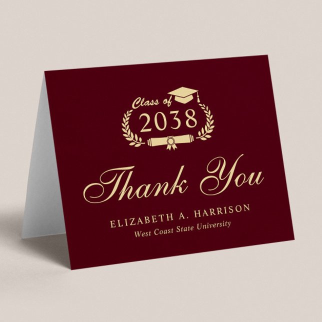 Carte De Remerciements Élégant Script Bourgogne Gold Graduation (An elegant photo graduation thank you card to show gratitude to friends and family for their support)