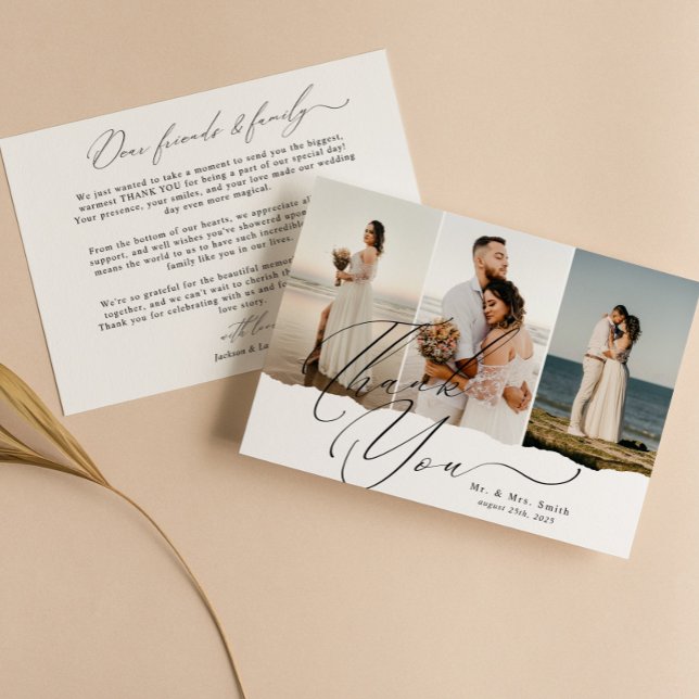 Carte De Remerciements Élégant script Calligraphie 3 Photo Collage Mariag (Créateur téléchargé)