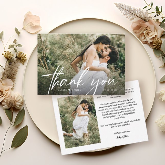 Carte De Remerciements Élégant Script chic Coeur Mariage Photo (Wedding photos, simple thank you card with personal message. Chic, modern and simple.)