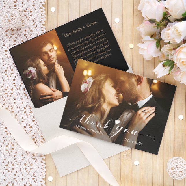 Carte De Remerciements Élégant Script Chic Gold Mariage 2 Photo (Elegant Chic Script Gold Wedding 2 Photo Thank You Card)