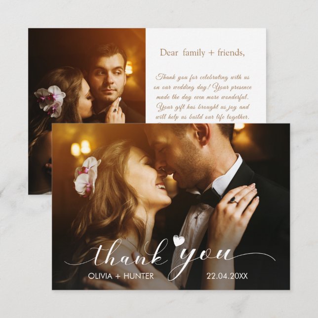 Carte De Remerciements Élégant Script Chic Gold Mariage 2 Photo (Devant / Derrière)