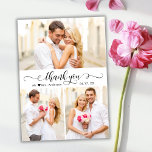 Carte De Remerciements Élégant script de calligraphie 3 Photo Collage Mar<br><div class="desc">Moderne Elegant Chic Calligraphie 3 Photo Collage Mariage Carte de remerciements. Modèle mariage élégant avec trois (3) photos sur le devant et une (1) photo sur le côté arrière. Avec le texte "merci" dans une calligraphie ou typographie tourbillonnant lettrée en noir sur arrière - plan blanc. Petit motif coeur d'amour...</div>