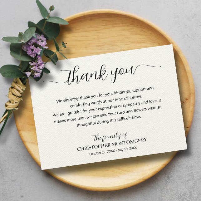 Carte De Remerciements Élégant Script Ecru Funeral (Elegant script thank you cards printed on warm ecru paper with an embossed woven texture)