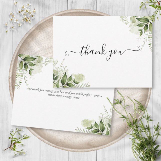 Carte De Remerciements Élégant Script Feuille de verdure (Elegant Script Greenery Leaves Thank You Card)