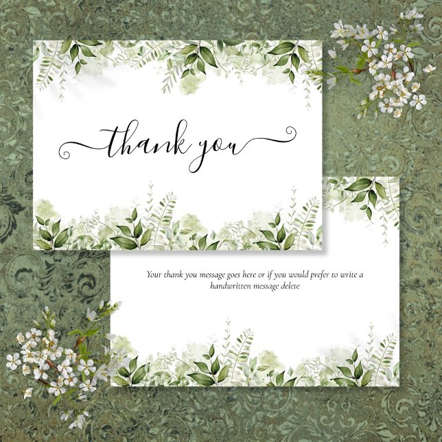 Carte De Remerciements Élégant Script Feuille verdoyant (Greenery Leaves Elegant Script Thank You Card)