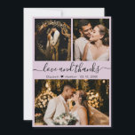Carte De Remerciements Élégant Script Lilac 3 Photo Collage Mariage<br><div class="desc">Elégant, Lilac, Moderne "Amour et Merci" Script Mariage 3 Photo Collage Carte de remerciements. Modèle mariage élégant avec (3) trois photos sur le devant et (1) une photo sur le dos. Avec le texte "Amour et merci" script dans une tourbillonnant courbe typographie lettrée en noir sur couleur pastel clair lilas...</div>