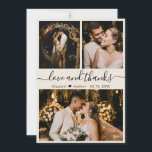 Carte De Remerciements Élégant Script moderne 3 Photo Collage Mariage que<br><div class="desc">Moderne, ivoire Élégant "Amour et Merci" Script Mariage 3 Photo Collage Carte de remerciements. Modèle mariage élégant avec (3) trois photos sur le devant et (1) une photo sur le dos. Avec le texte "Amour et merci" script dans un tourbillonnant cursif lettré typographie swash-tail police en couleur noire sur l'ivoire...</div>