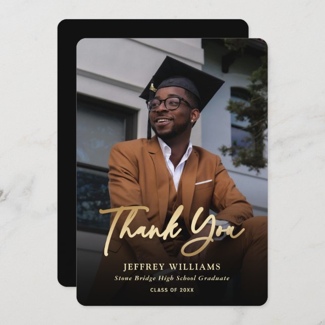 Carte De Remerciements Élégant Script moderne Black Gold Photo Graduation (Devant / Derrière)