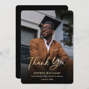 Carte De Remerciements Élégant Script moderne Black Gold Photo Graduation