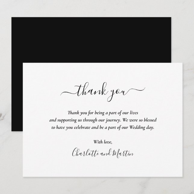 Carte De Remerciements Élégant script noir et blanc (Devant / Derrière)