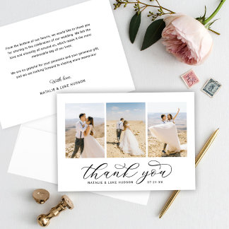 Carte De Remerciements Élégant script noir Personnalisé 3 Mariage photo