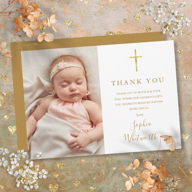 Carte De Remerciements Élégant script or Baptême Christening Photo (Elegant Gold Script Baptism Christening Photo Thank You Card)