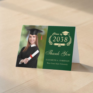Carte De Remerciements Élégant Script Or Photo Vert Diplômé