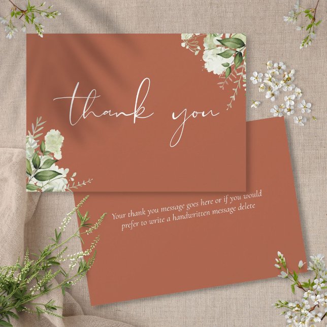 Carte De Remerciements Élégant Script personnalisé en terre cuite (Personalized Terracotta Greenery Elegant Script Thank You Card)
