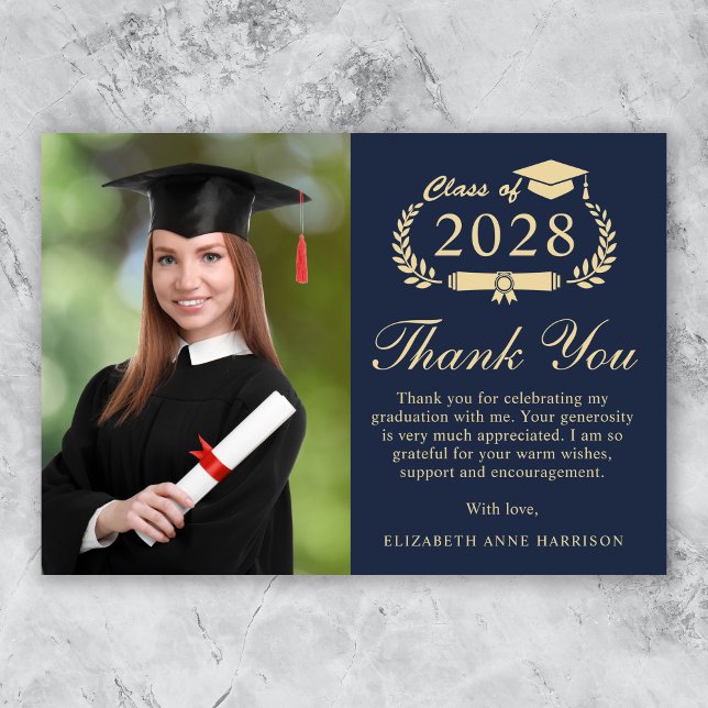 Carte De Remerciements Élégant Script Photo Blue Gold Graduation (An elegant photo graduation thank you card to show gratitude to friends and family for their support)