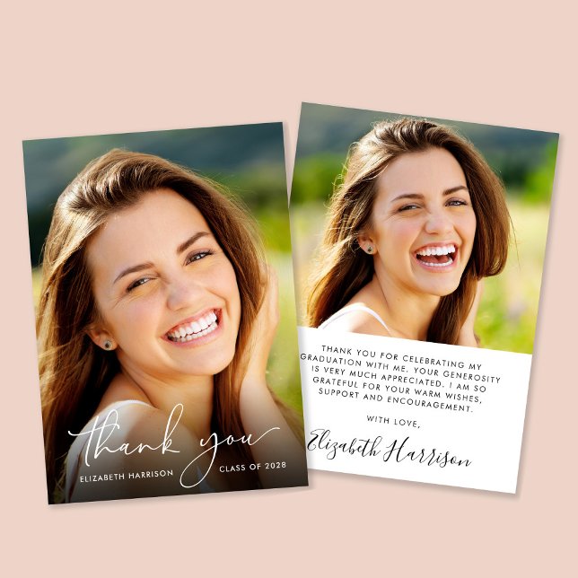 Carte De Remerciements Élégant Script Photo Overlay Graduation (Créateur téléchargé)