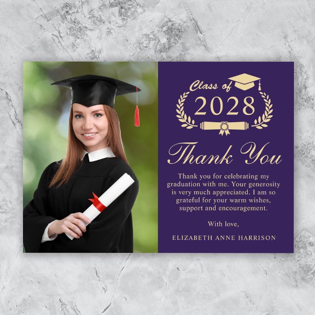 Carte De Remerciements Élégant Script Photo Purple Gold Graduation (An elegant photo graduation thank you card to show gratitude to friends and family for their support)