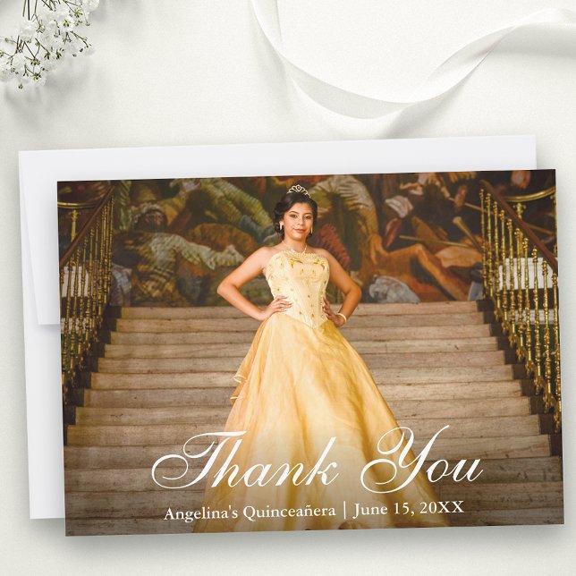 Carte De Remerciements Élégant Script Quinceañera Photo (Customize to add text to back of card.)