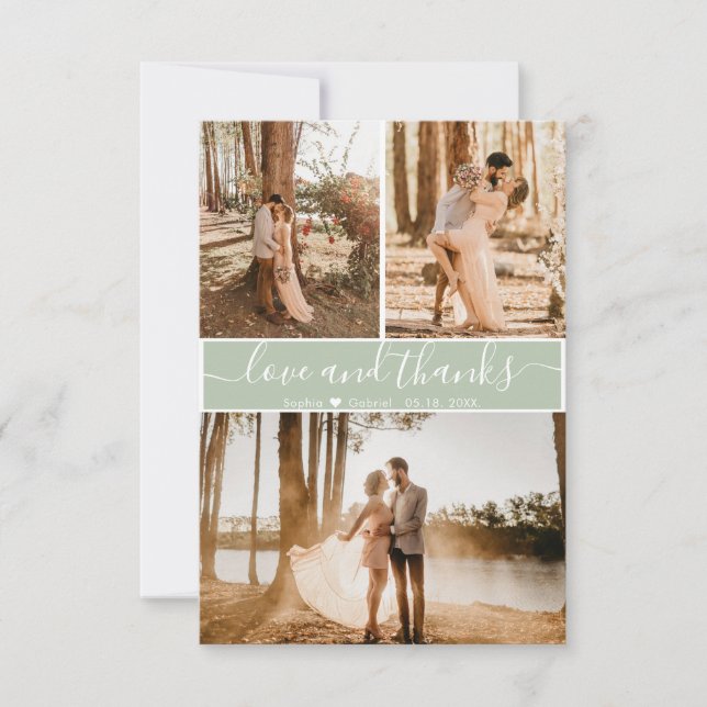 Carte De Remerciements Élégant Script Sage Green Mariage 3 Photo Collage (Devant)