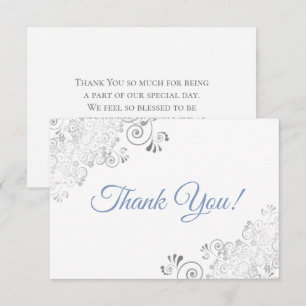 Carte De Remerciements Elégant Silver Frills Dusty Blue sur Mariage blanc
